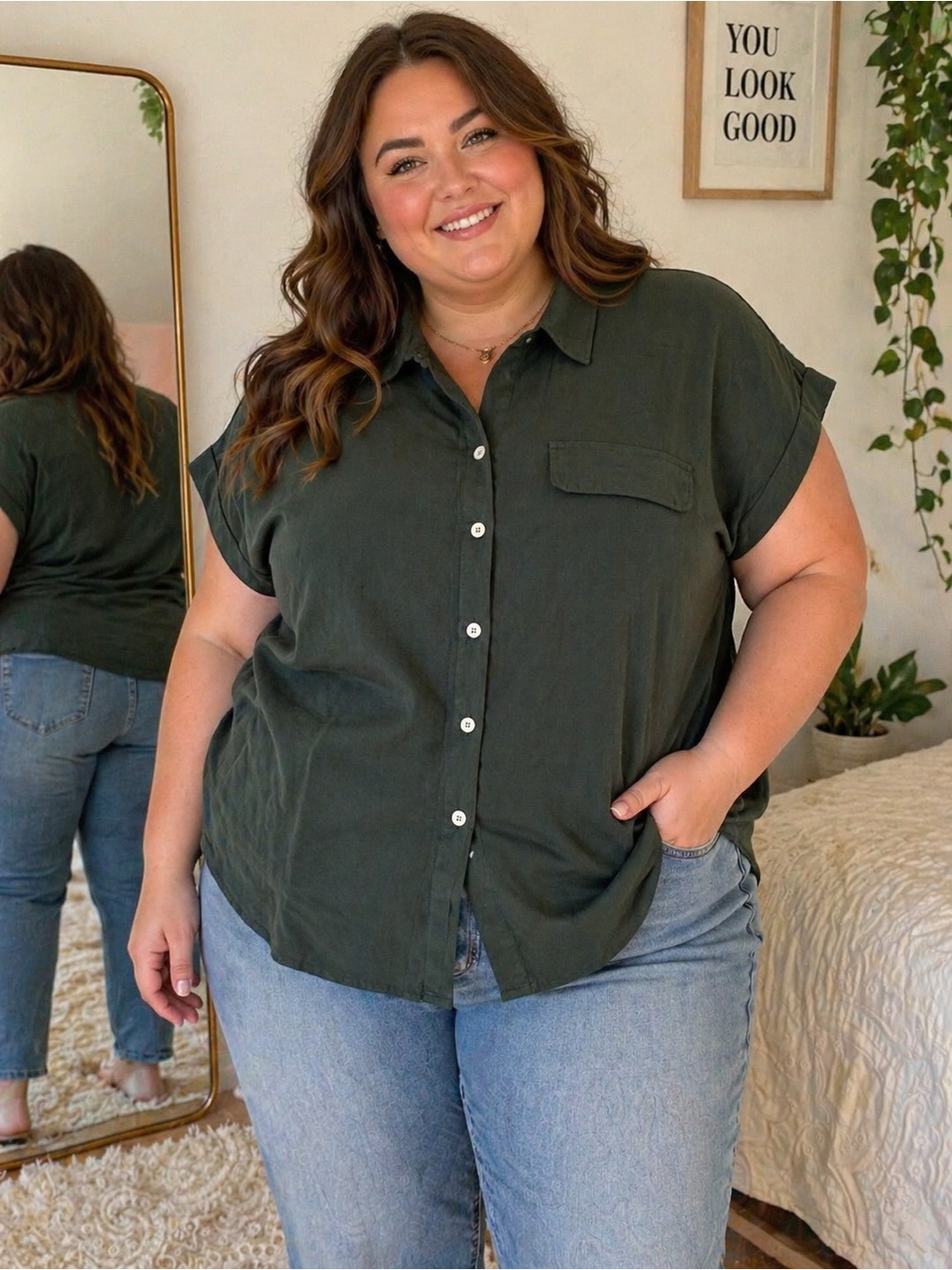 Emery Rose Plus Size 3X Short Sleeve Button-Up Shirt - Dark Green Relaxed Boho